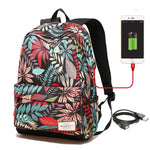 USB Charging Backpack With Plants Printing